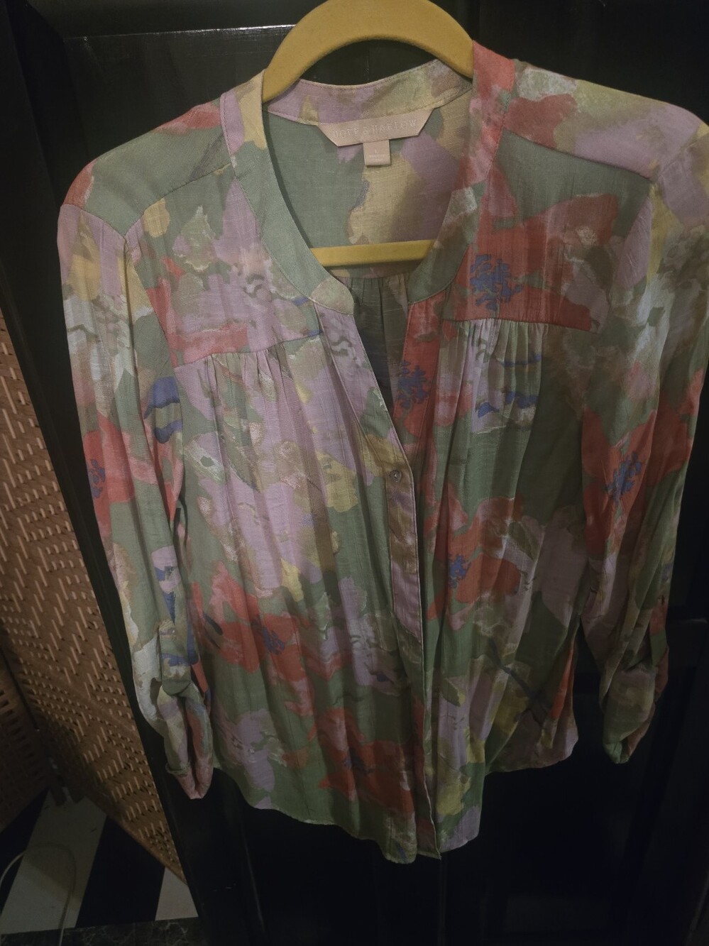 Womens Floral Watercolor Button-Down Shirt - Green Multi